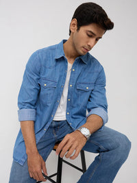 Men Shirt Denim Mid Blue Regular Fit