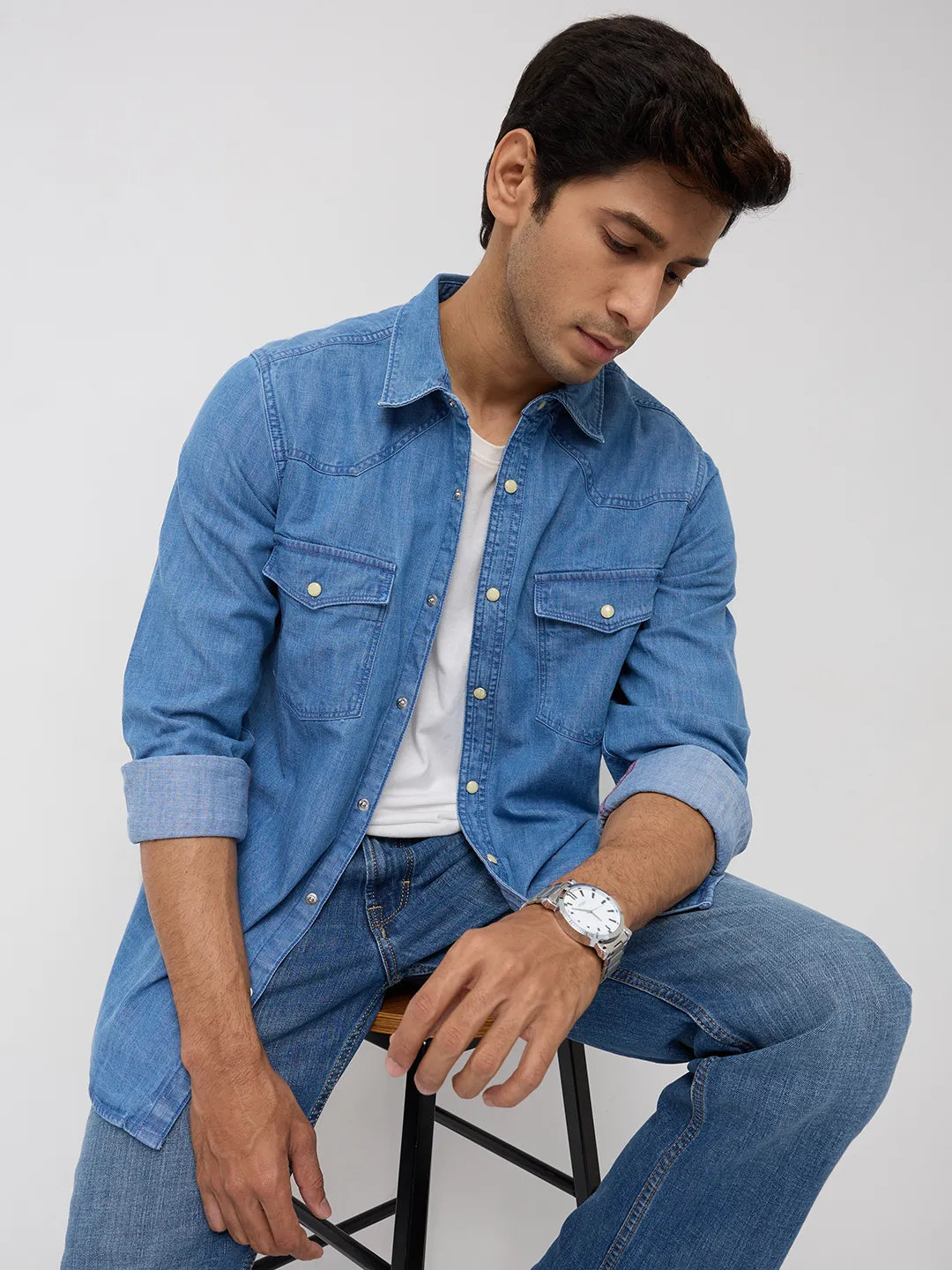 Men Shirt Denim Mid Blue Regular Fit
