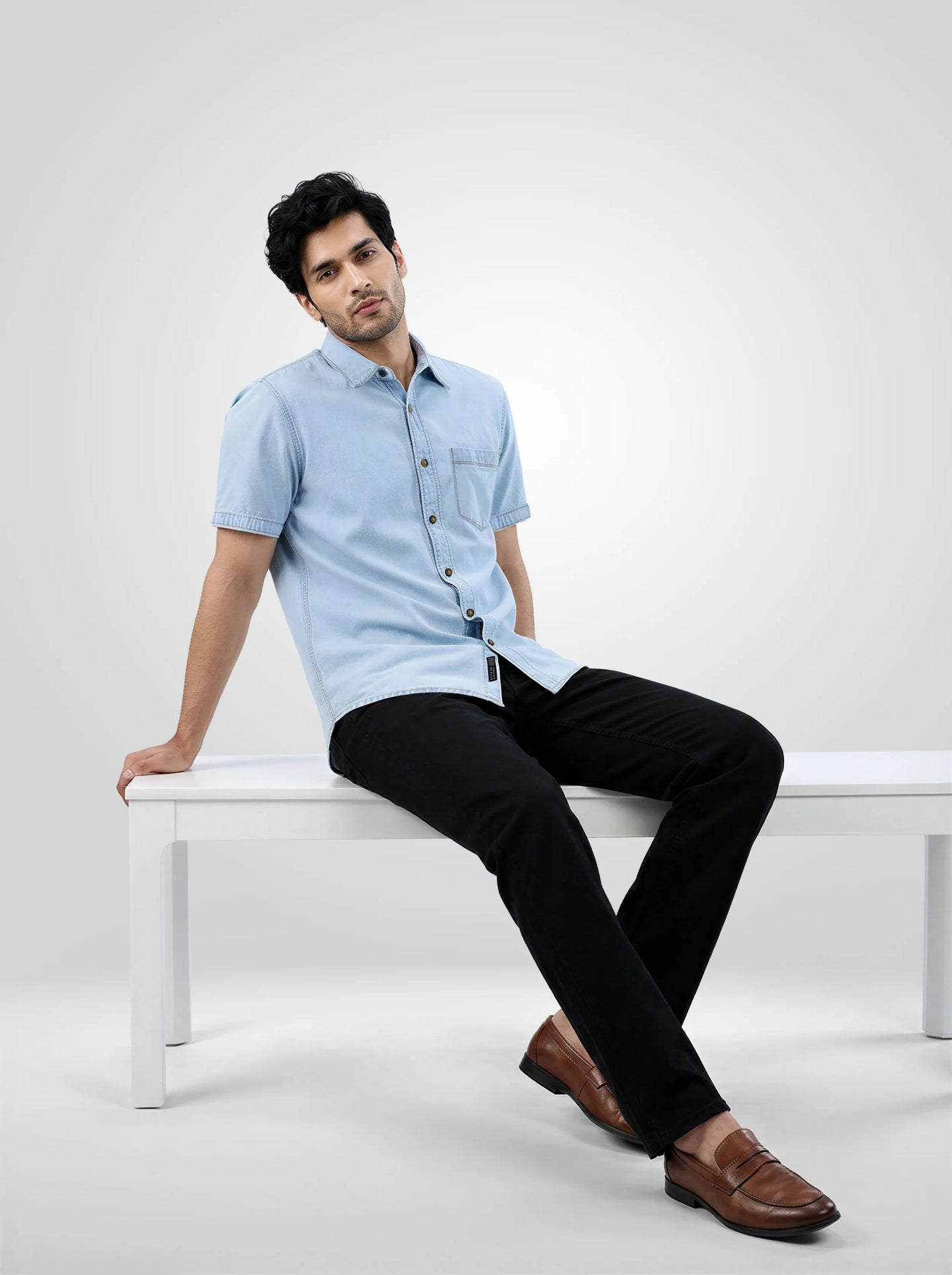 Men Shirt Blue Light Denim Regular Fit