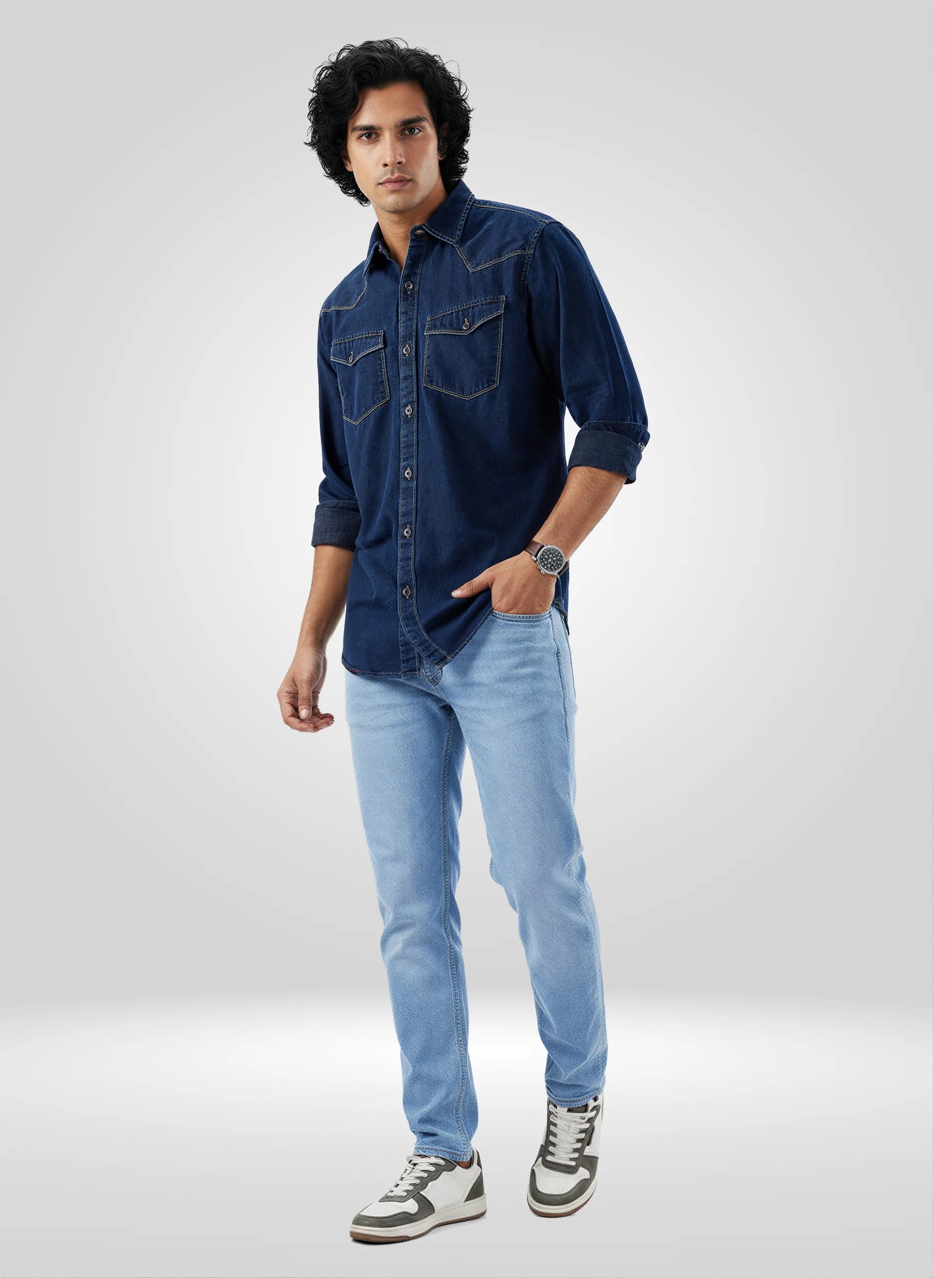 Men Dark Blue Denim Regular Fit Shirts