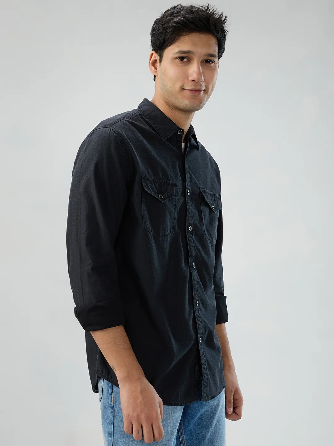 Men Shirt Denim Black Regular Fit