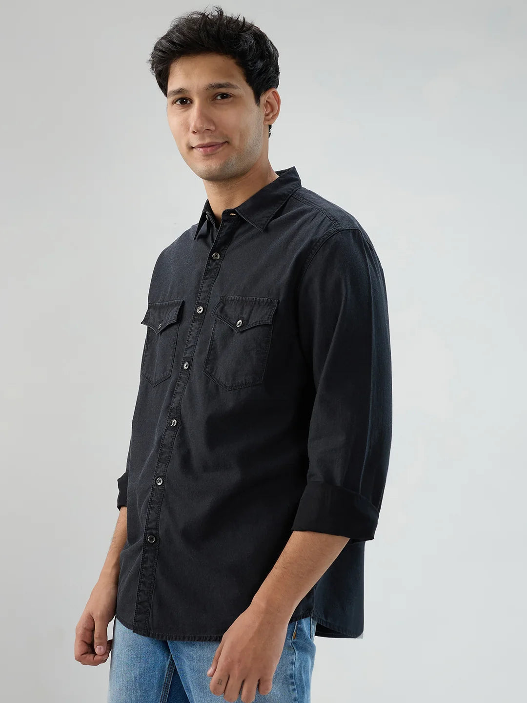 Men Shirt Denim Black Regular Fit