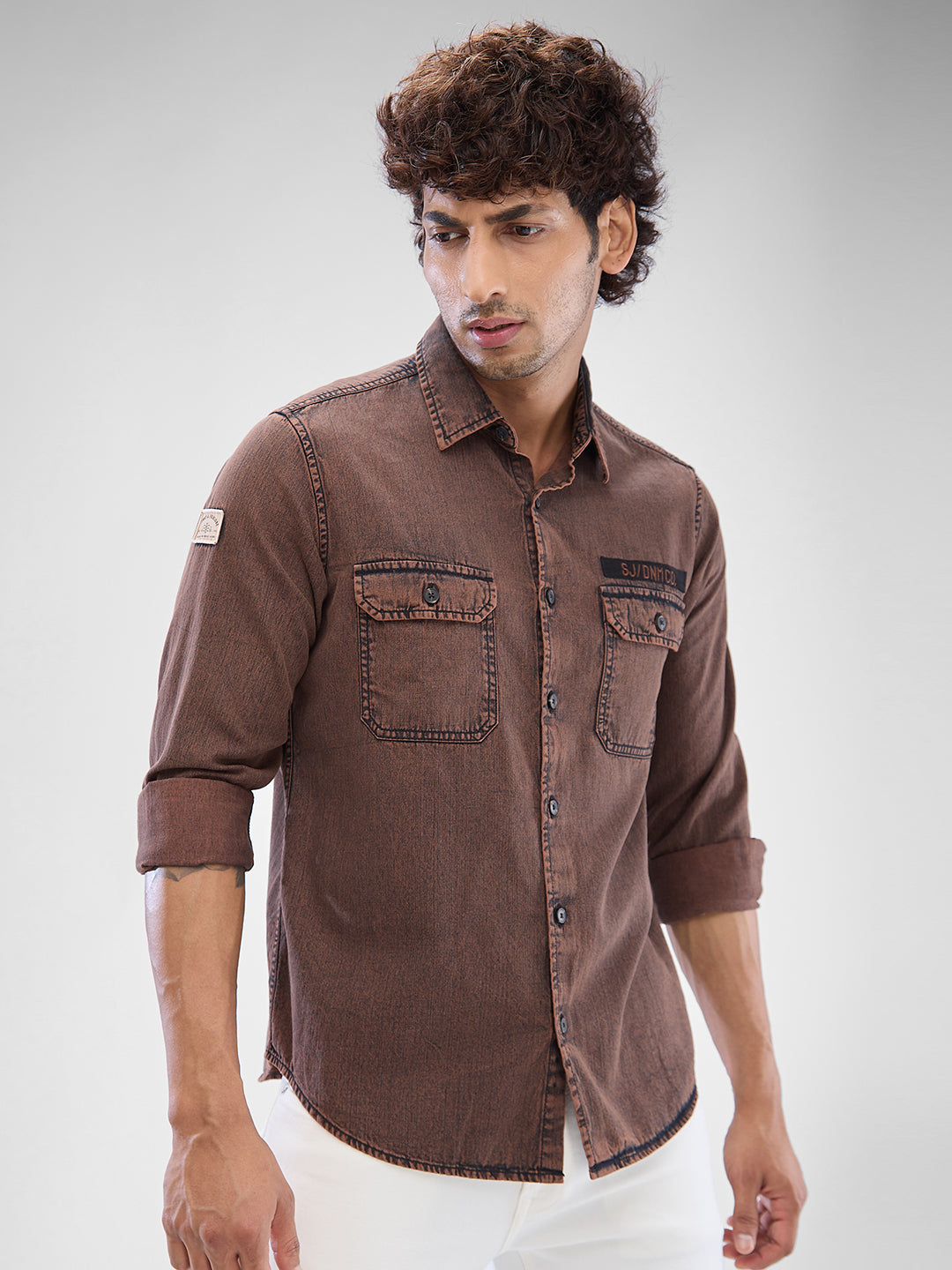 Spykar Friar Brown Cotton Full Sleeve  Shirt For Men