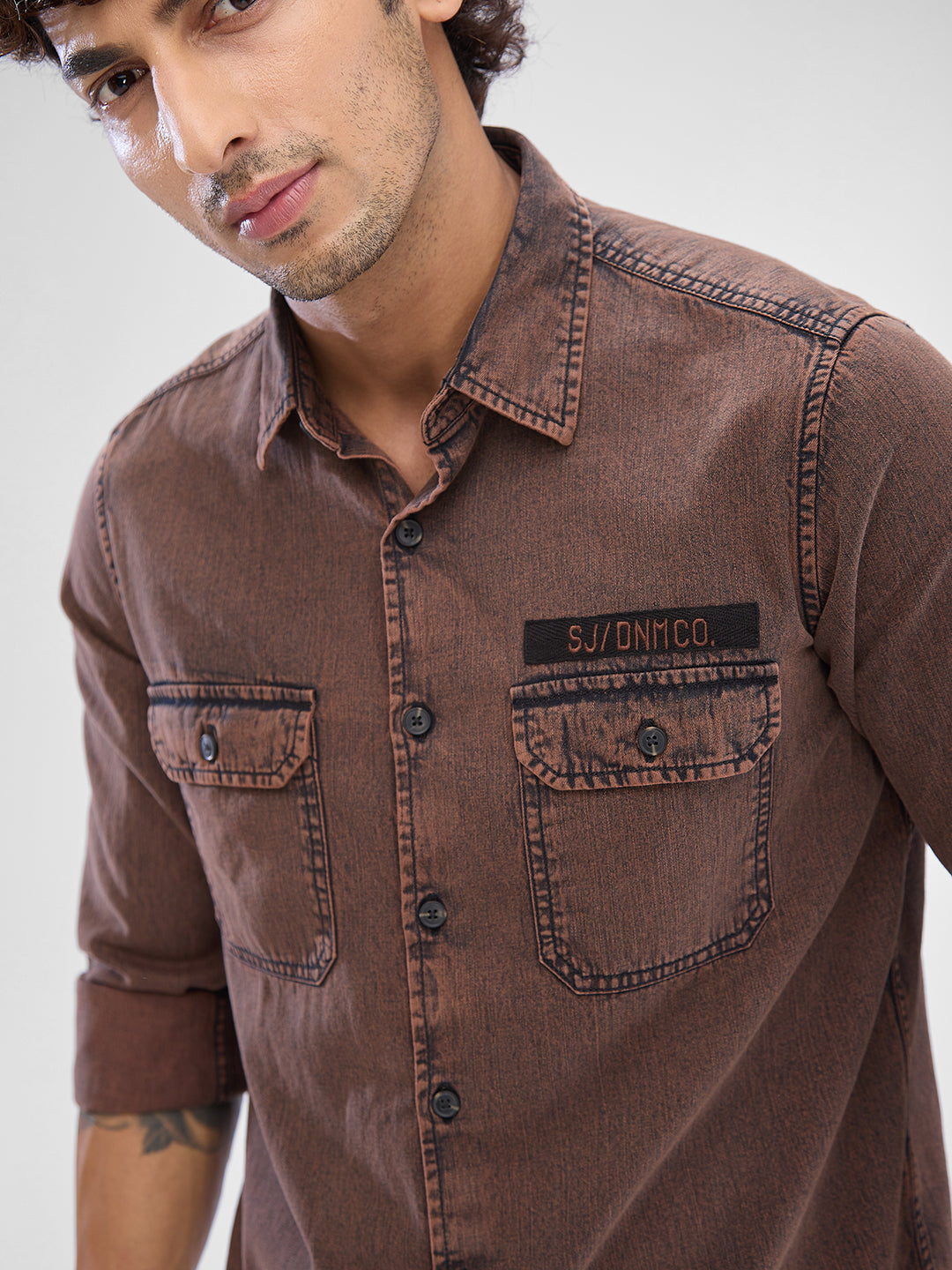 Spykar Friar Brown Cotton Full Sleeve  Shirt For Men