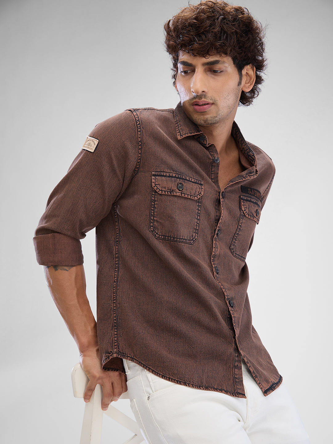 Spykar Friar Brown Cotton Full Sleeve  Shirt For Men