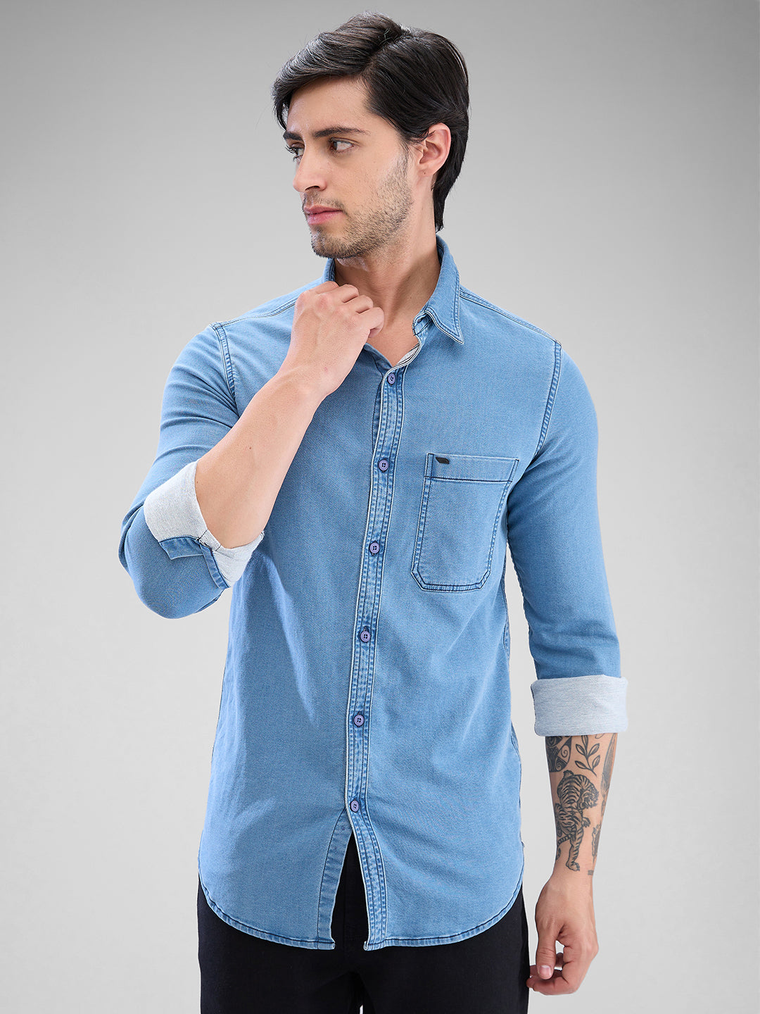 Spykar Light Blue Cotton Full Sleeve Raised Collar Shirt For Men