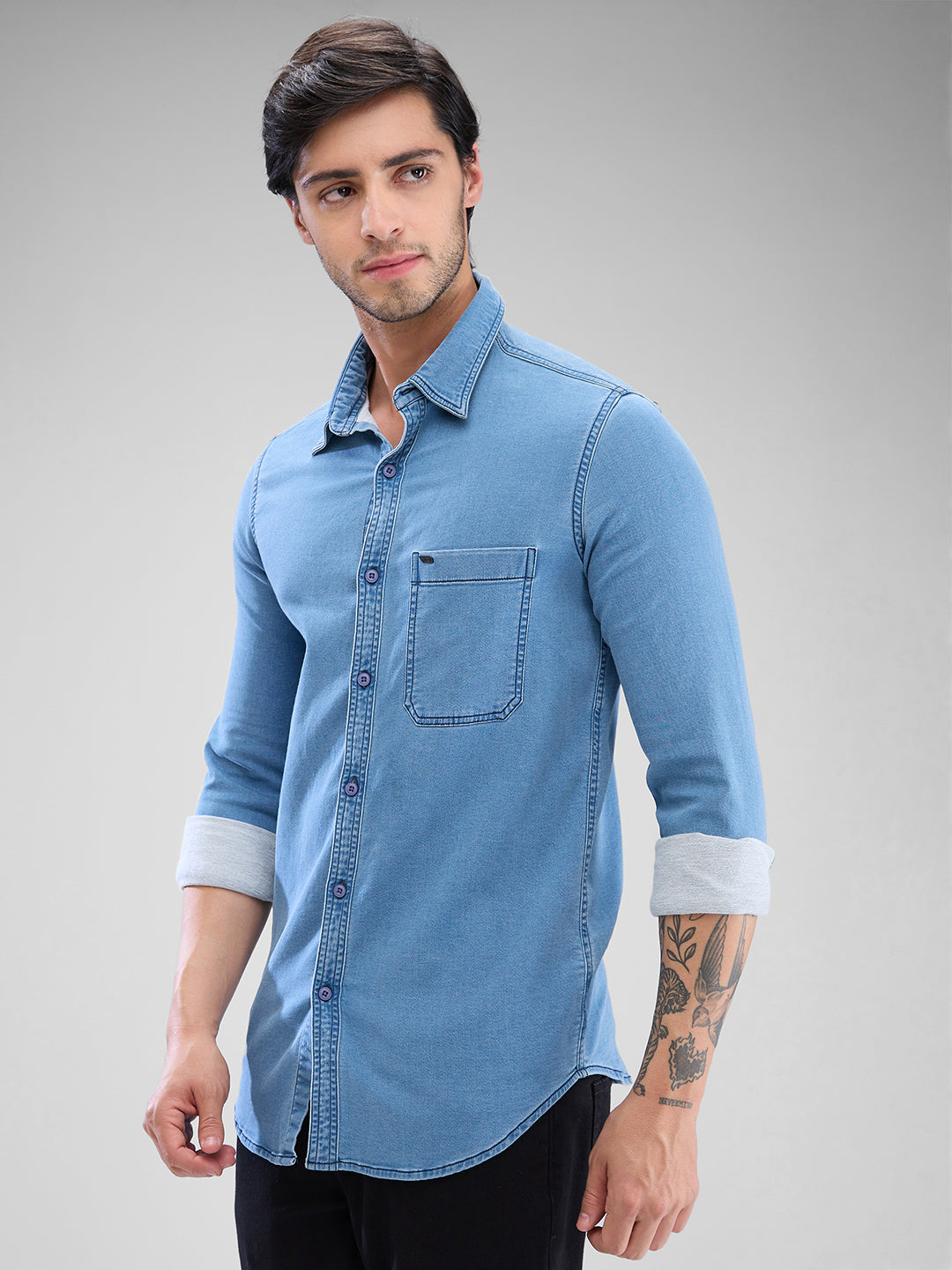 Spykar Light Blue Cotton Full Sleeve Raised Collar Shirt For Men