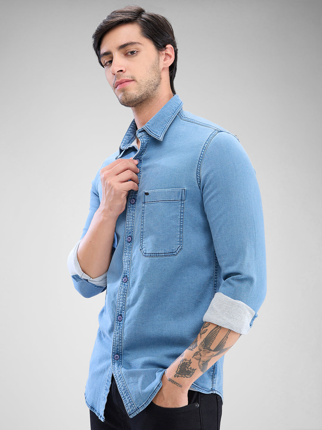 Spykar Light Blue Cotton Full Sleeve Raised Collar Shirt For Men