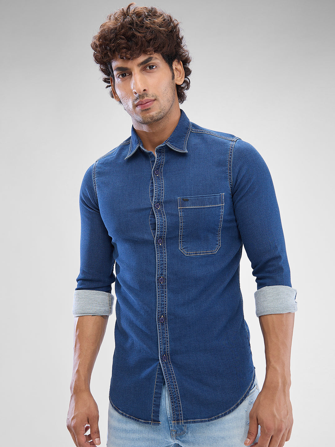 Spykar Mid Blue Cotton Full Sleeve Raised Collar Shirt For Men