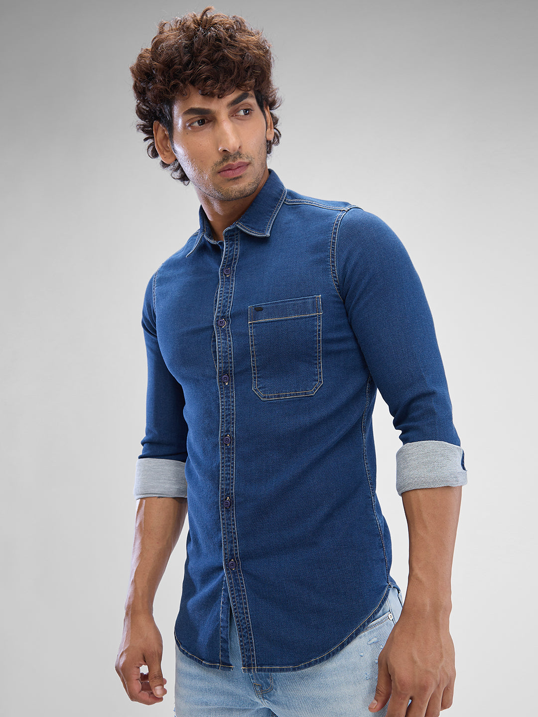 Spykar Mid Blue Cotton Full Sleeve Raised Collar Shirt For Men