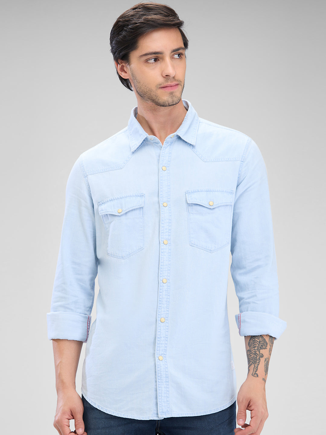 Spykar Light Blue Cotton Full Sleeve Raised Collar Shirt For Men