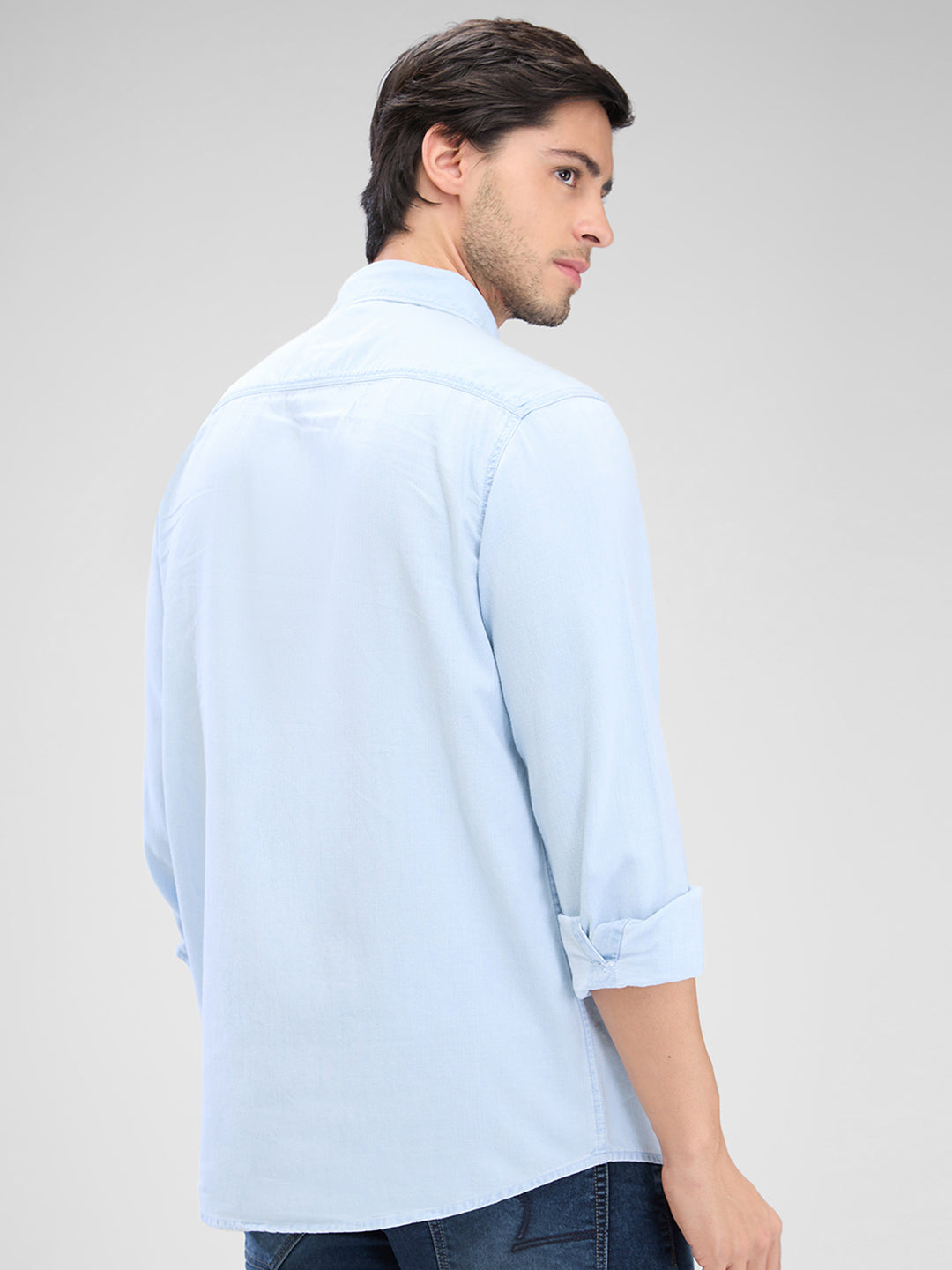 Spykar Light Blue Cotton Full Sleeve Raised Collar Shirt For Men