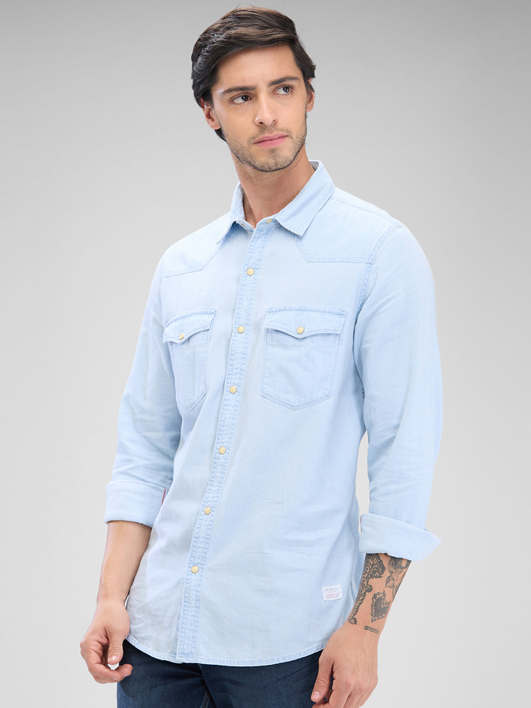 Spykar Light Blue Cotton Full Sleeve Raised Collar Shirt For Men