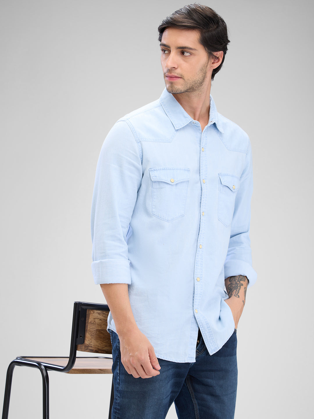 Spykar Light Blue Cotton Full Sleeve Raised Collar Shirt For Men