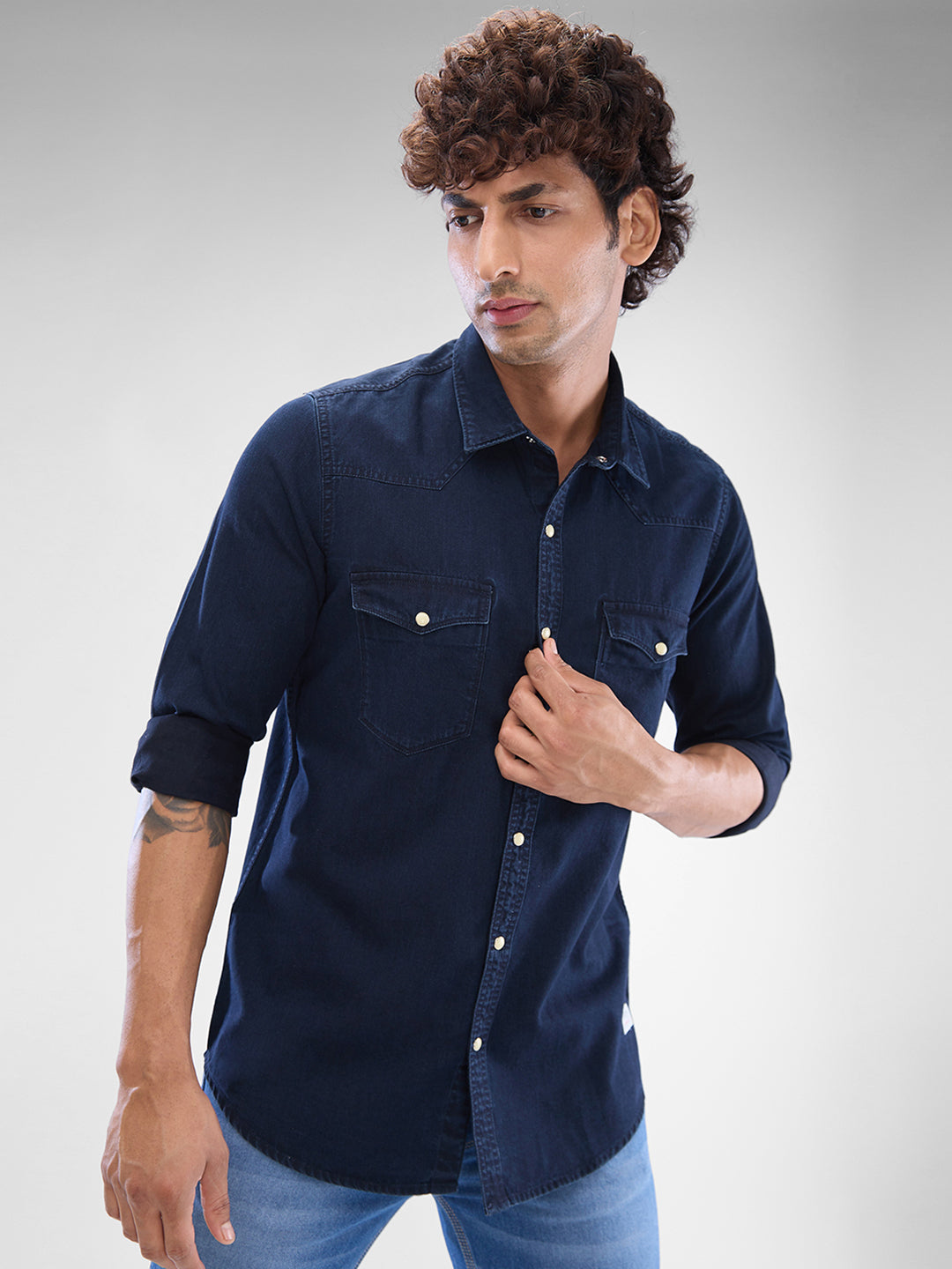 Spykar Dark Blue Cotton Full Sleeve Raised Collar Shirt For Men