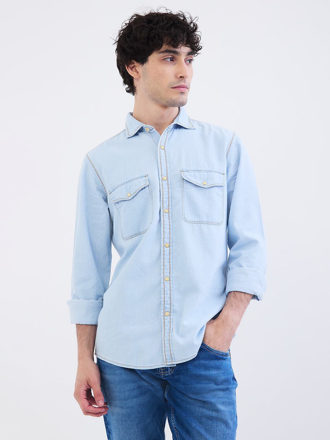 Spykar Light Blue Slim Fit Casual Shirts For Men