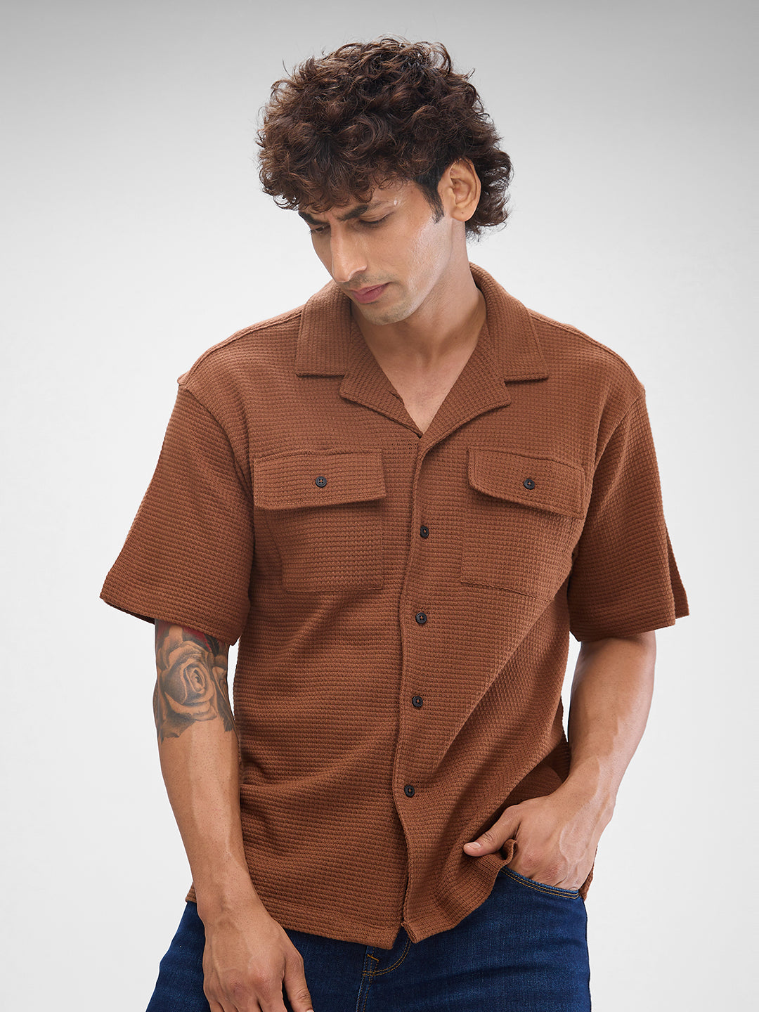 Spykar Bison Brown Cotton Half Sleeve Cuban Collar Shirt For Men