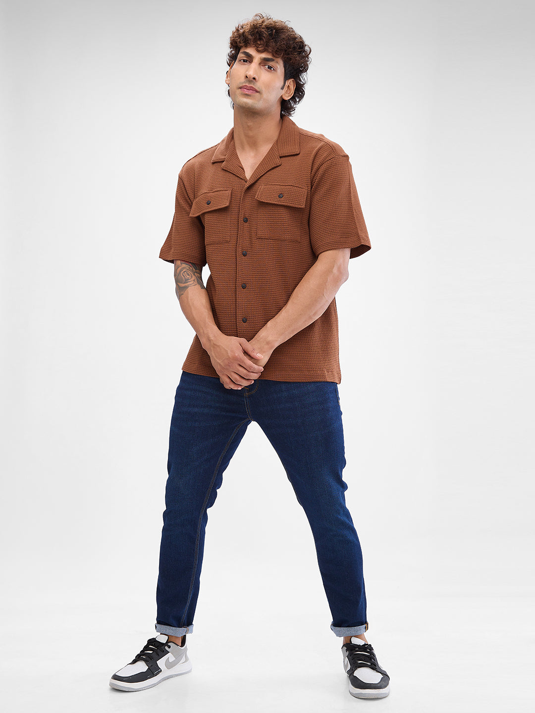 Spykar Bison Brown Cotton Half Sleeve Cuban Collar Shirt For Men