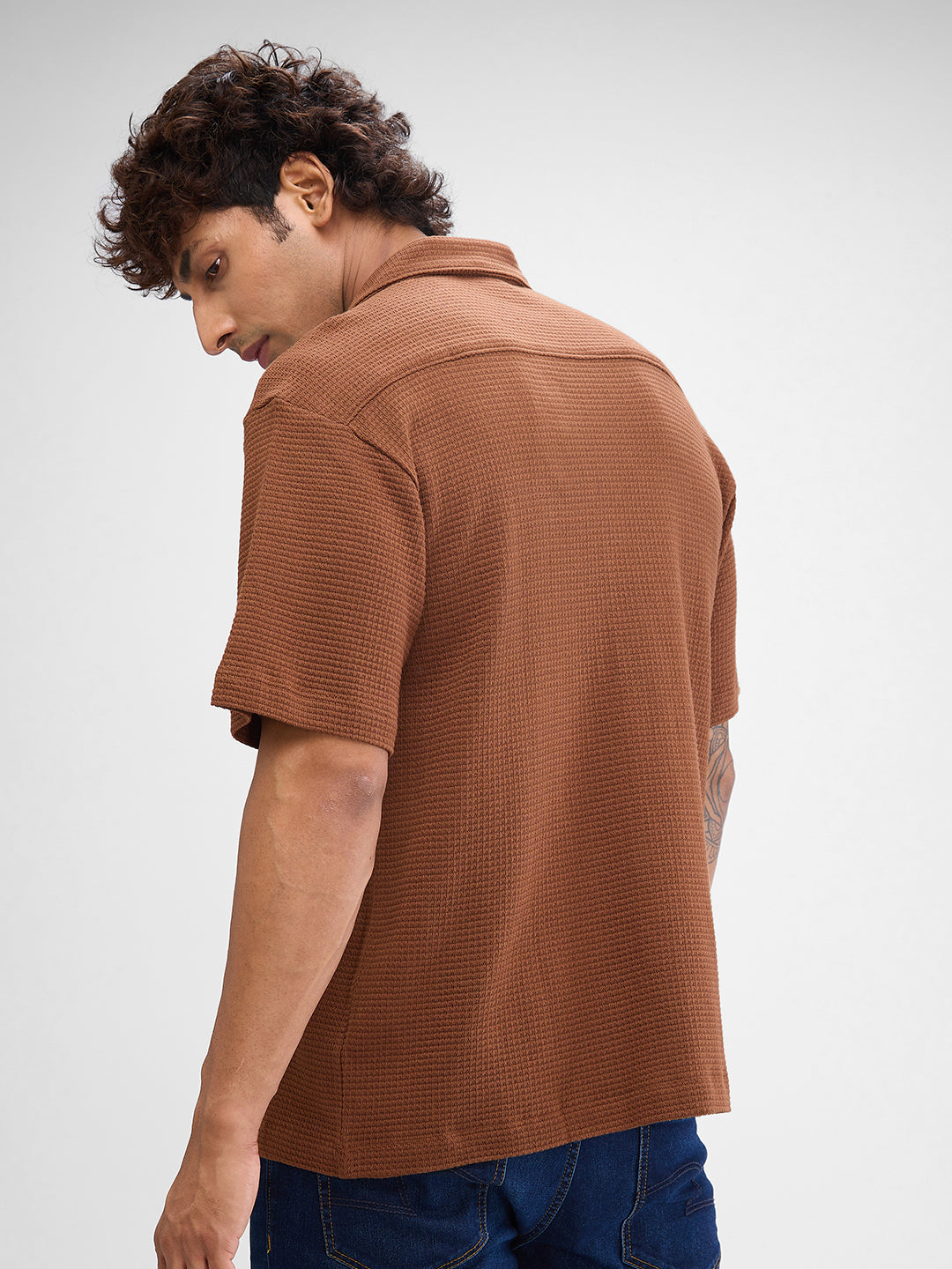 Spykar Bison Brown Cotton Half Sleeve Cuban Collar Shirt For Men