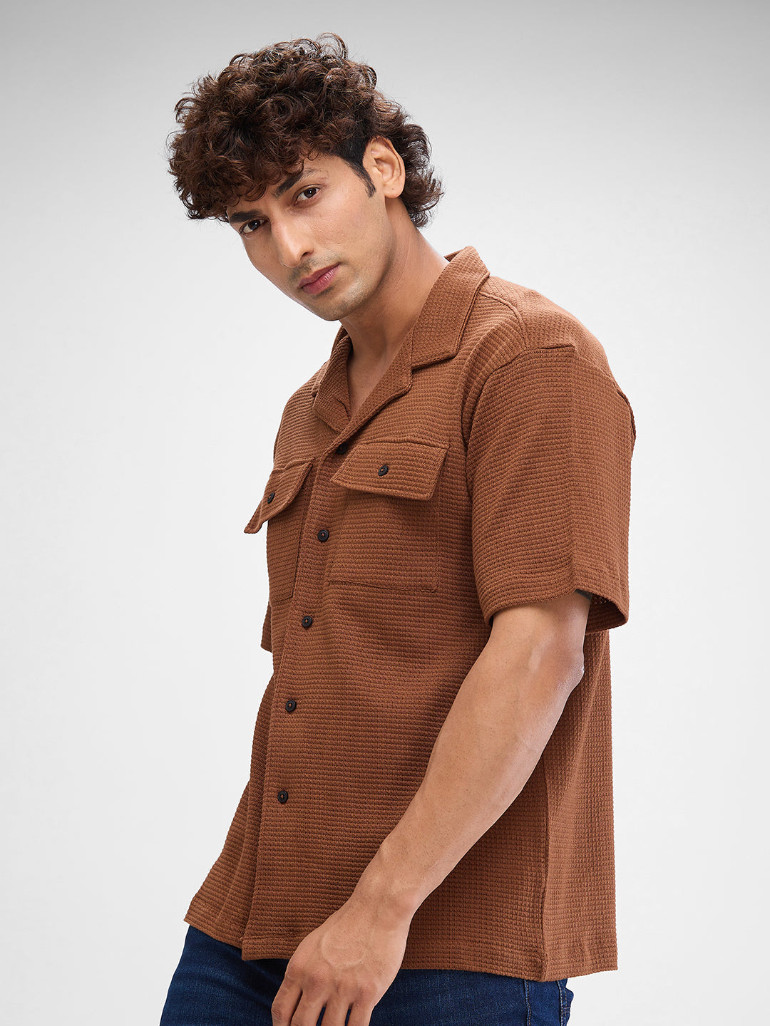 Spykar Bison Brown Cotton Half Sleeve Cuban Collar Shirt For Men