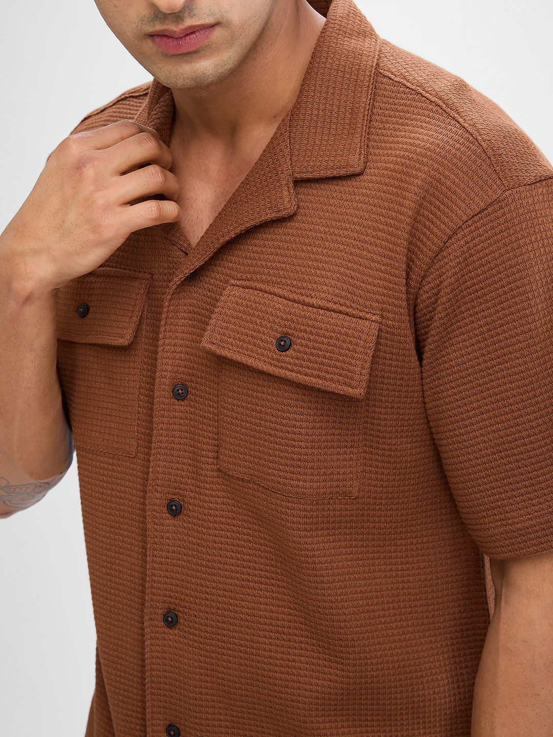 Spykar Bison Brown Cotton Half Sleeve Cuban Collar Shirt For Men