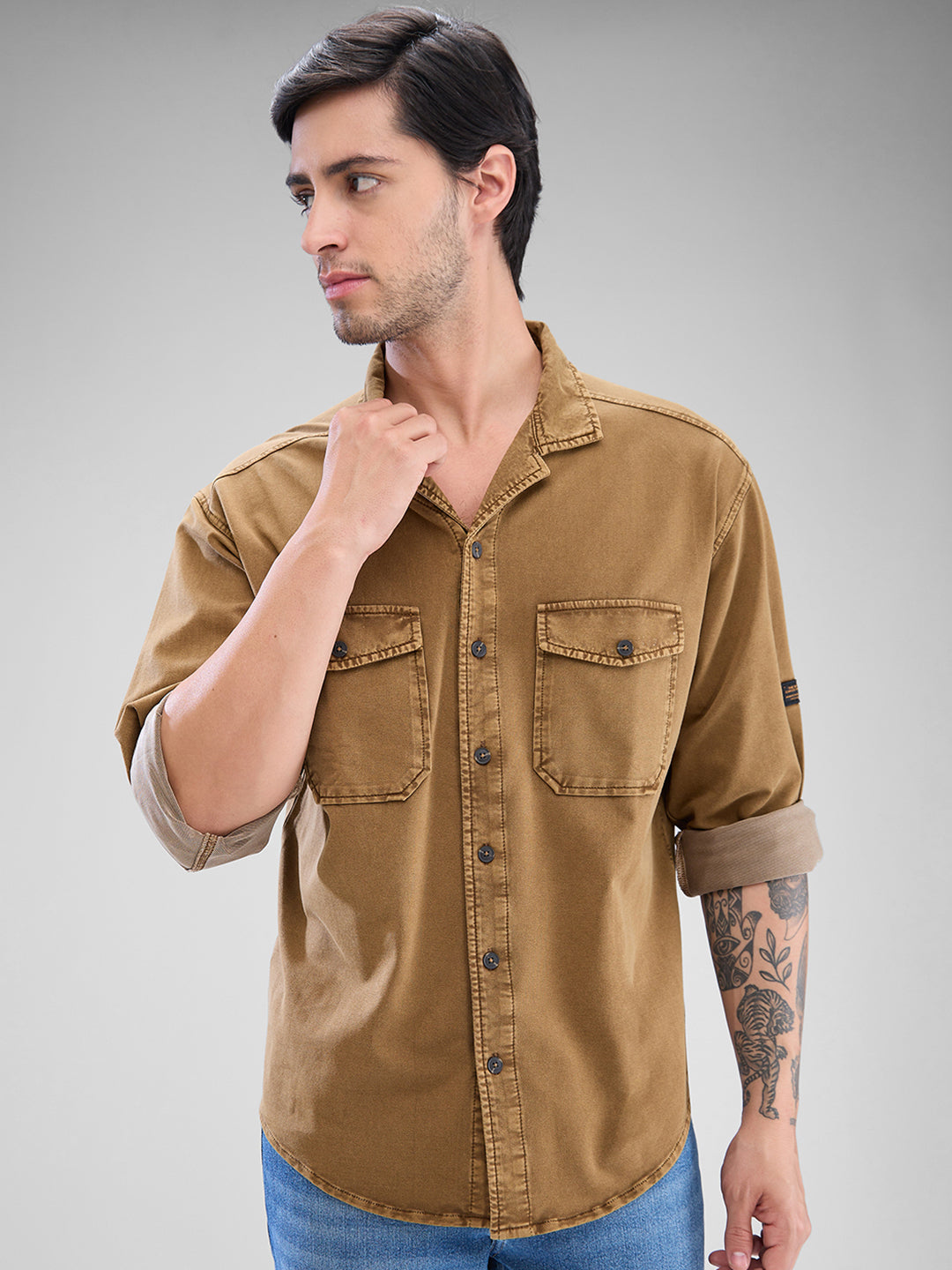 Spykar Camel Khaki Cotton Full Sleeve Cuban Collar Shirt For Men