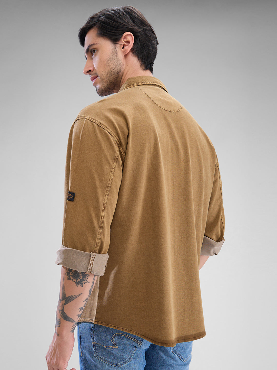 Spykar Camel Khaki Cotton Full Sleeve Cuban Collar Shirt For Men