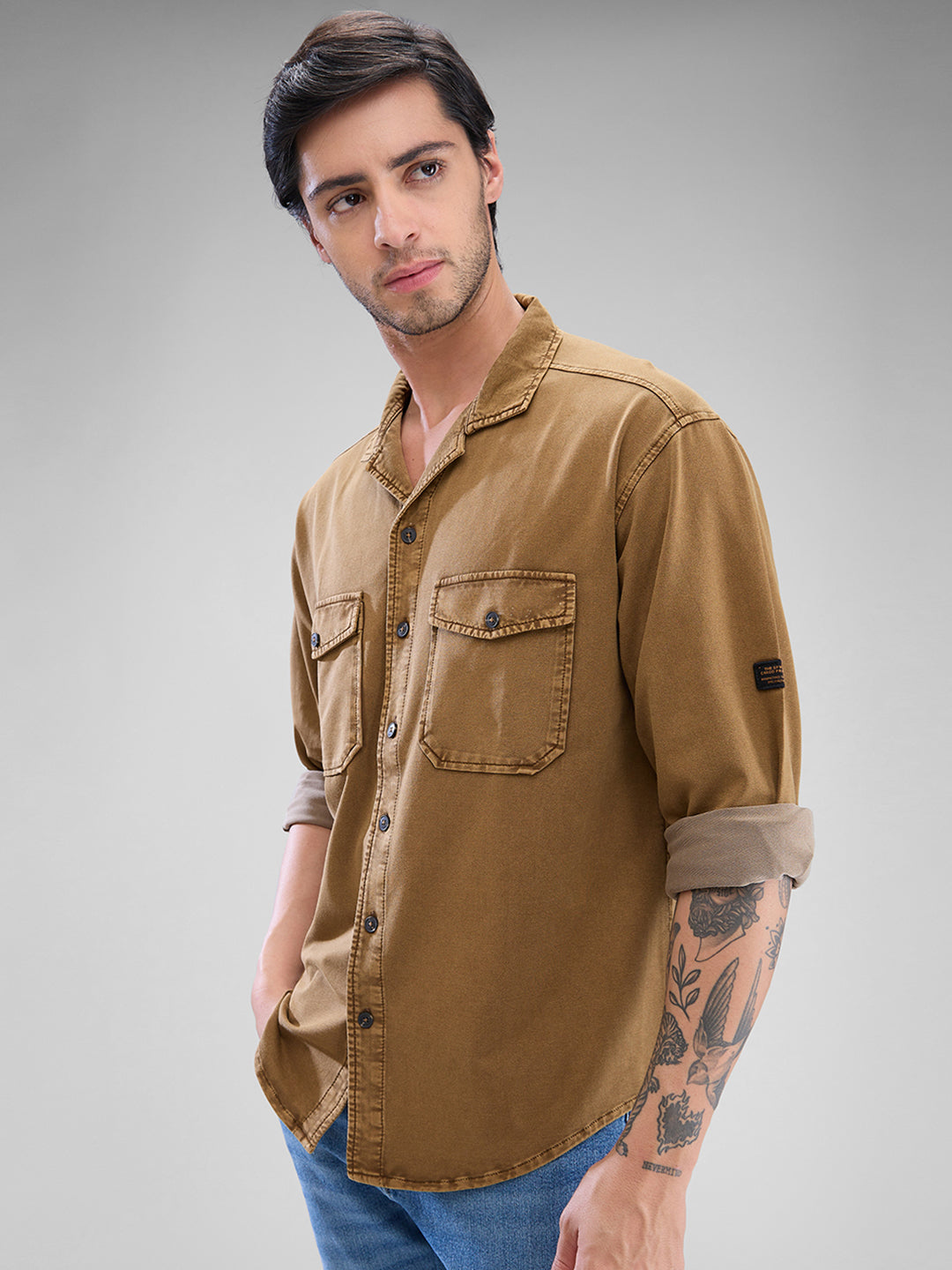 Spykar Camel Khaki Cotton Full Sleeve Cuban Collar Shirt For Men