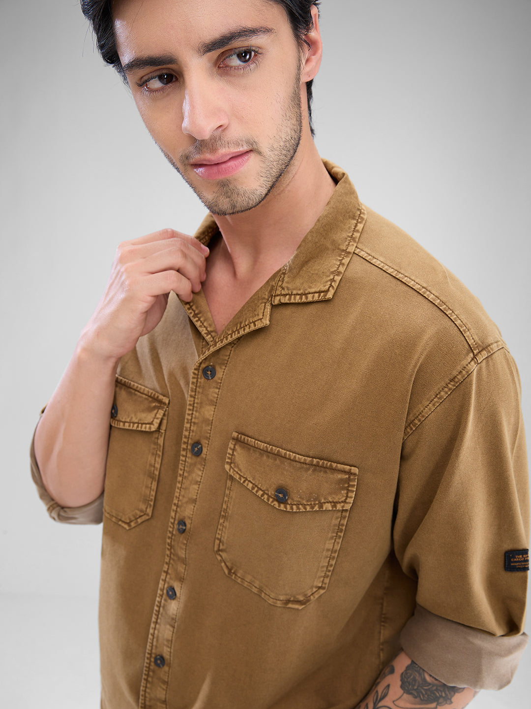 Spykar Camel Khaki Cotton Full Sleeve Cuban Collar Shirt For Men