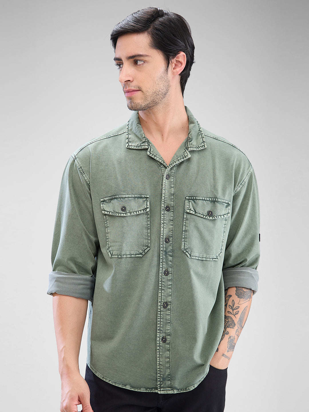 Spykar Dusty Pista Green Cotton Full Sleeve Cuban Collar Shirt For Men