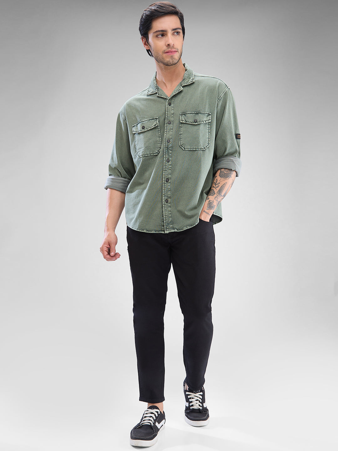 Spykar Dusty Pista Green Cotton Full Sleeve Cuban Collar Shirt For Men