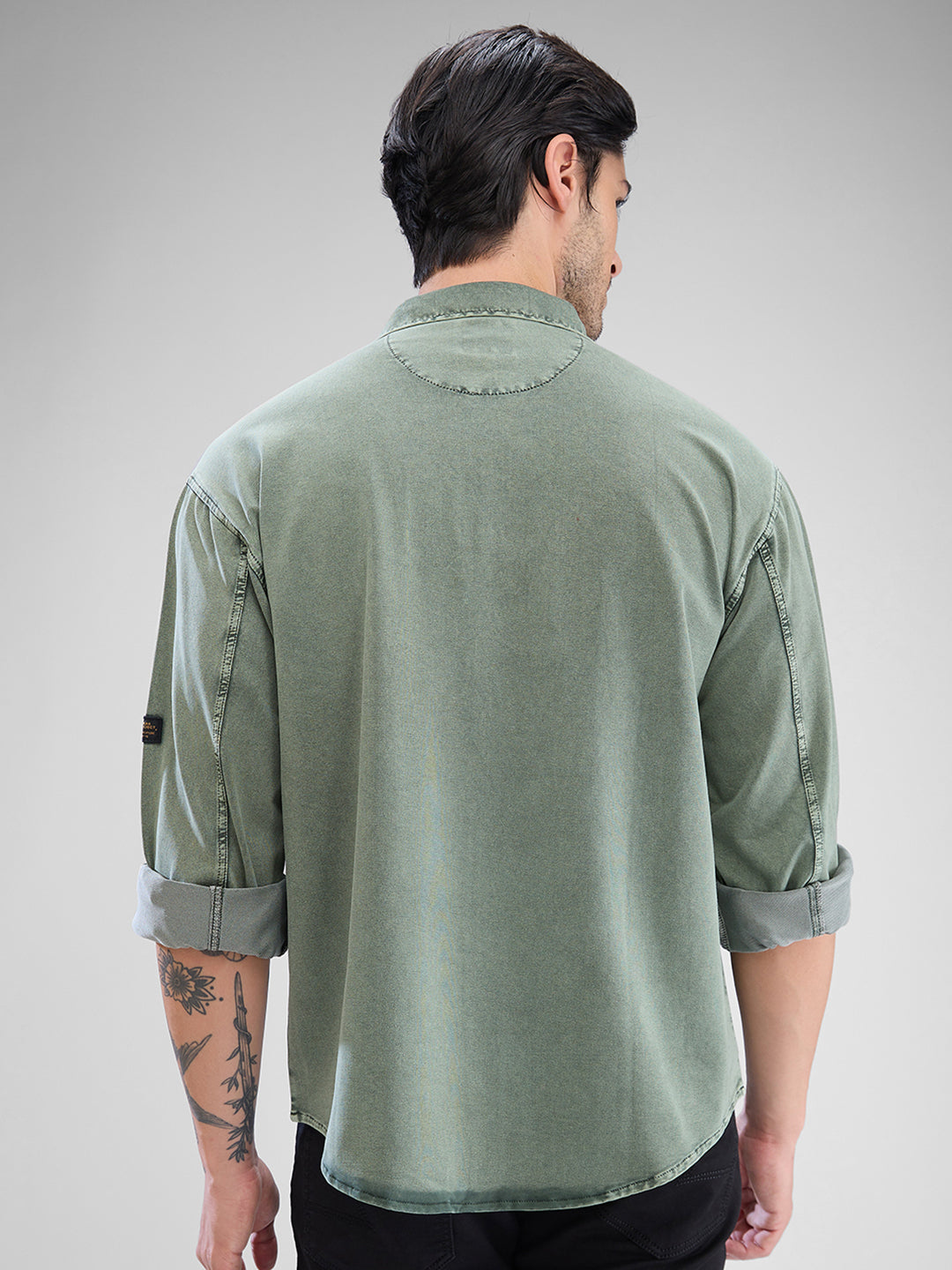 Spykar Dusty Pista Green Cotton Full Sleeve Cuban Collar Shirt For Men