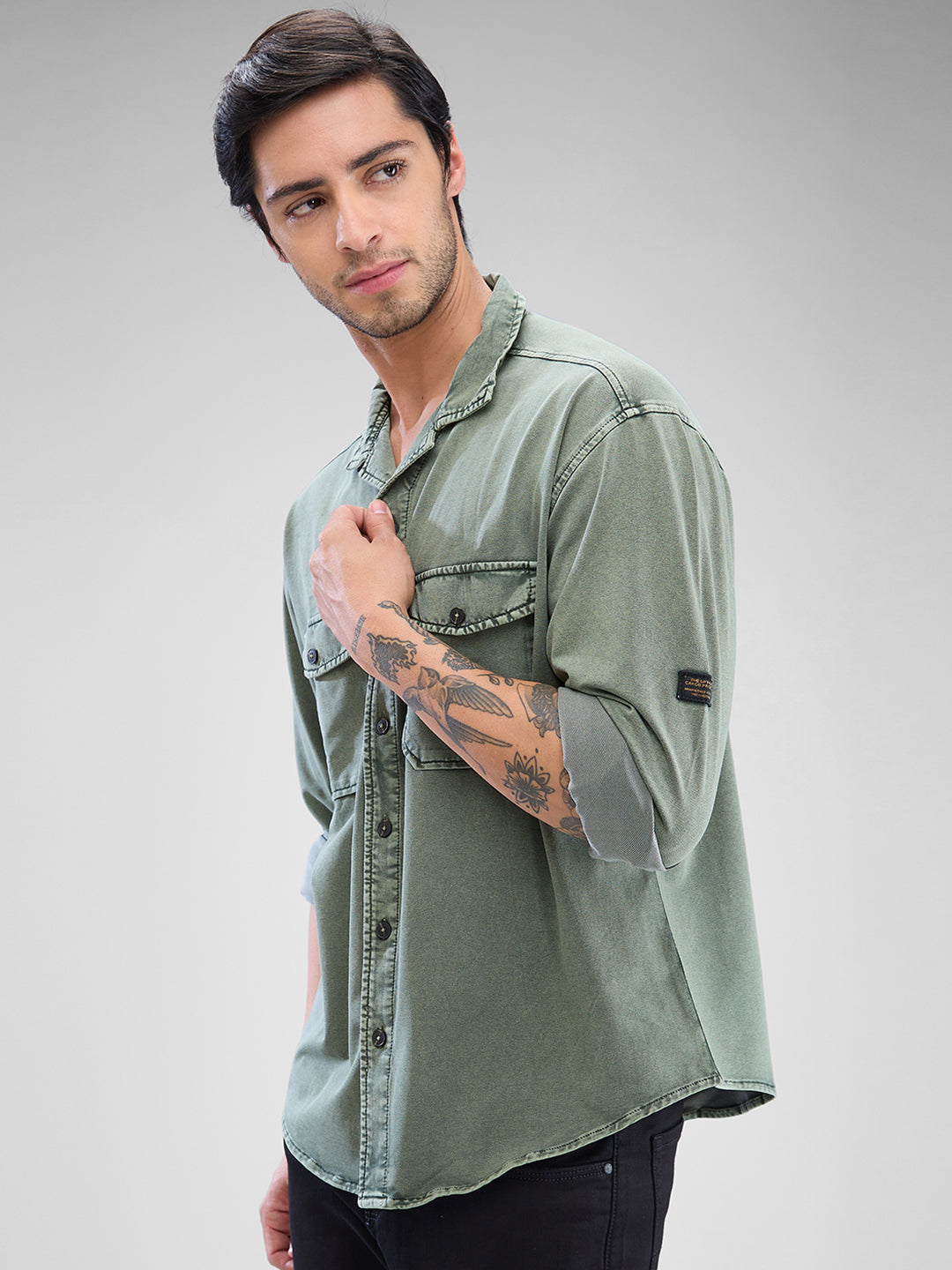 Spykar Dusty Pista Green Cotton Full Sleeve Cuban Collar Shirt For Men