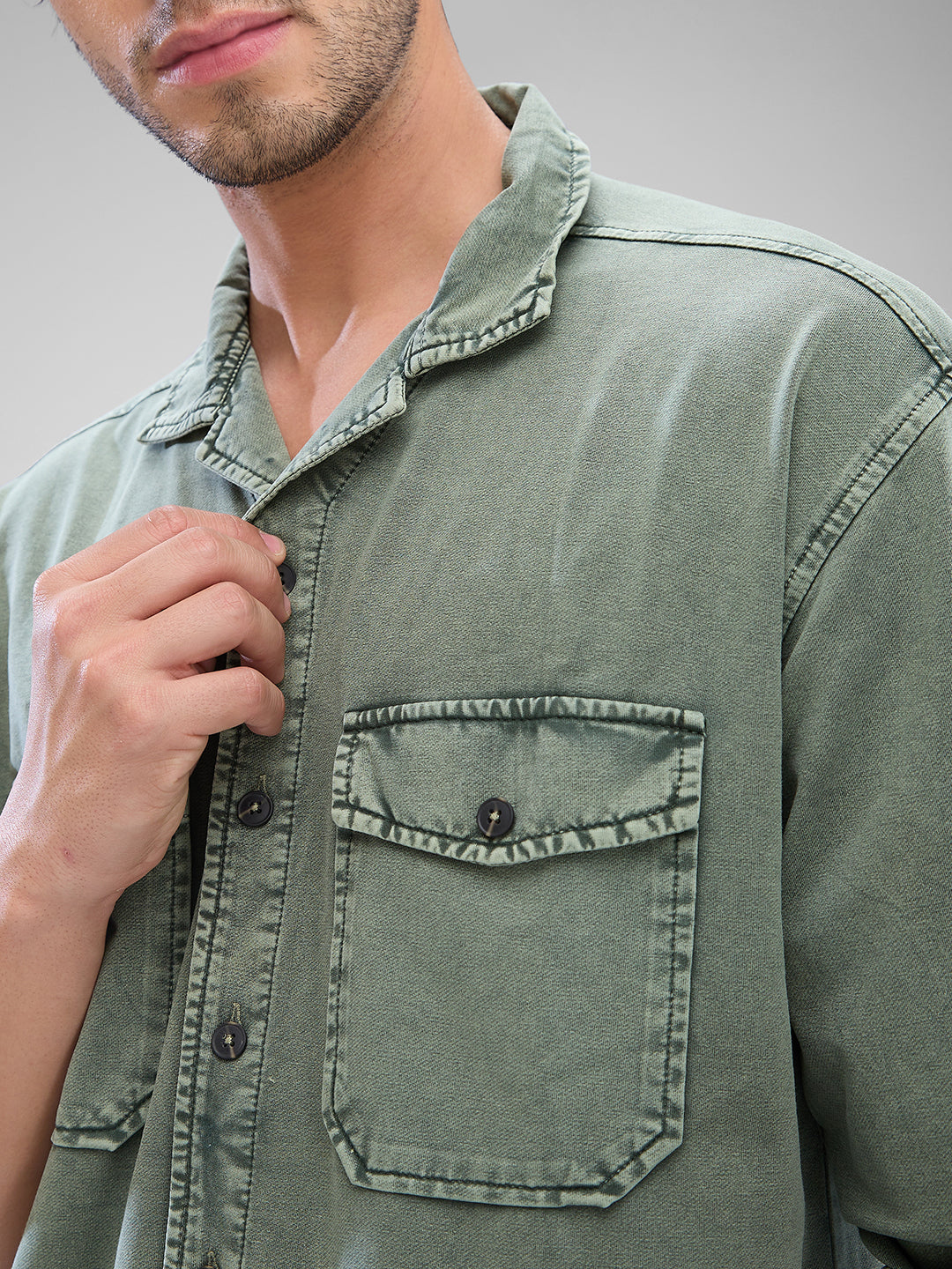 Spykar Dusty Pista Green Cotton Full Sleeve Cuban Collar Shirt For Men