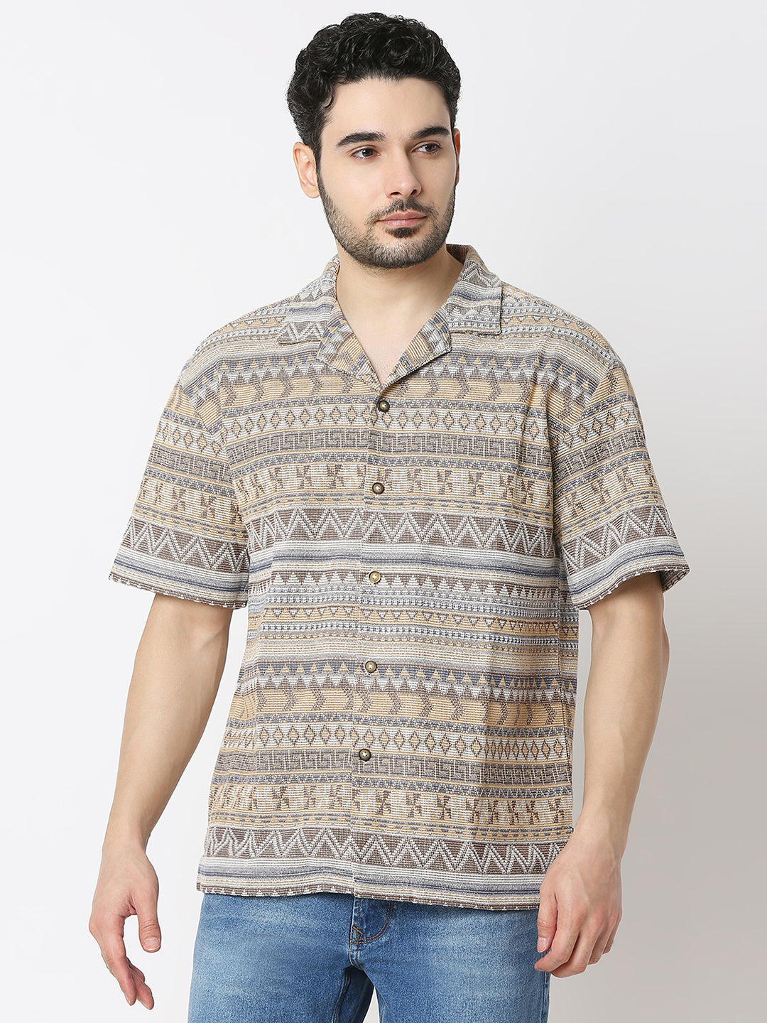 Spykar Beige Cotton Relaxed Fit Shirts For Men