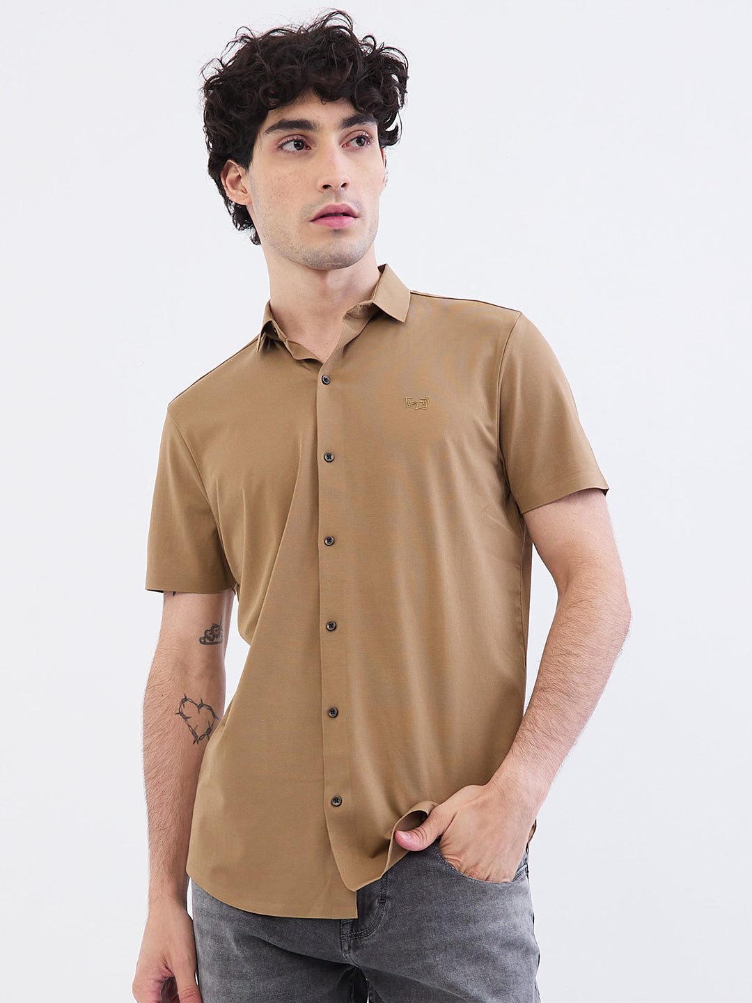 Spykar Taupe Beige Slim Fit Casual Shirts For Men