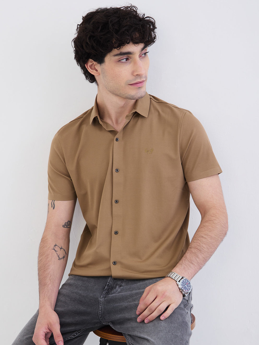 Men Shirt Beige Slim Fit
