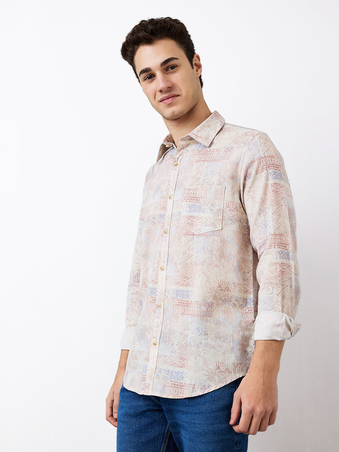 Spykar White Slim Fit Printed Full Sleeve Shirt For Men