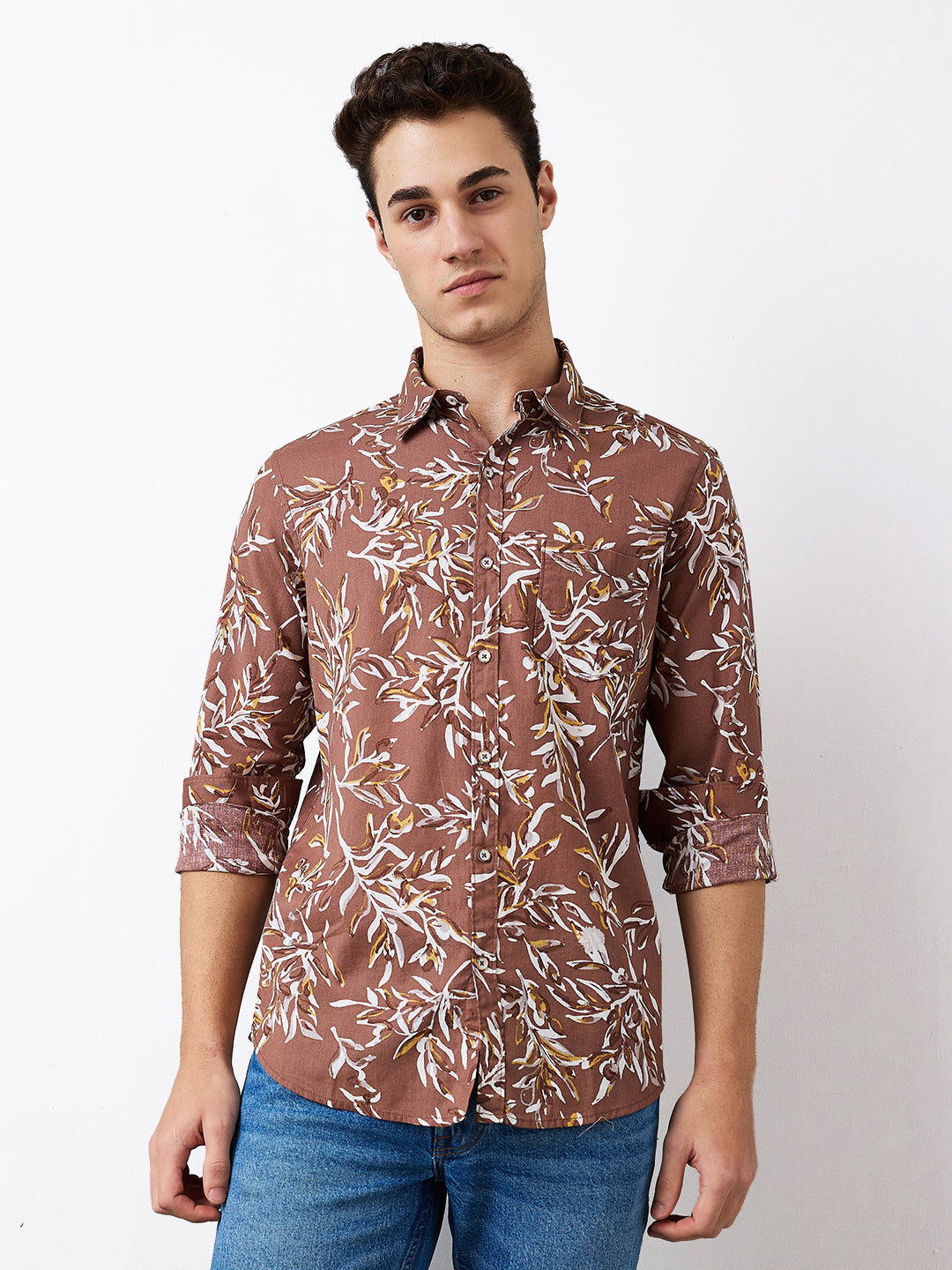 Men Shirt Print Brown Slim Fit
