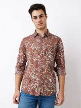 Men Shirt Print Brown Slim Fit