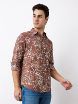 Men Shirt Print Brown Slim Fit
