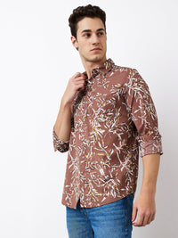Men Shirt Print Brown Slim Fit