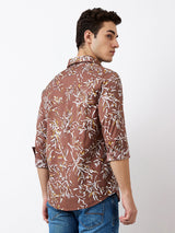 Men Shirt Print Brown Slim Fit