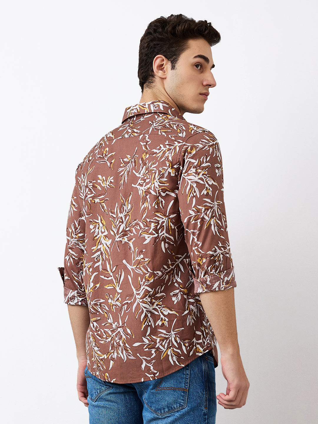 Men Shirt Print Brown Slim Fit