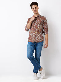 Men Shirt Print Brown Slim Fit