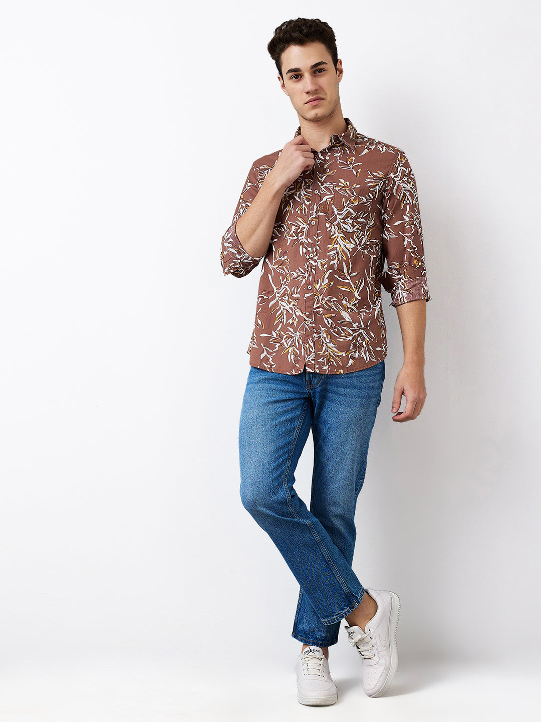 Men Shirt Print Brown Slim Fit