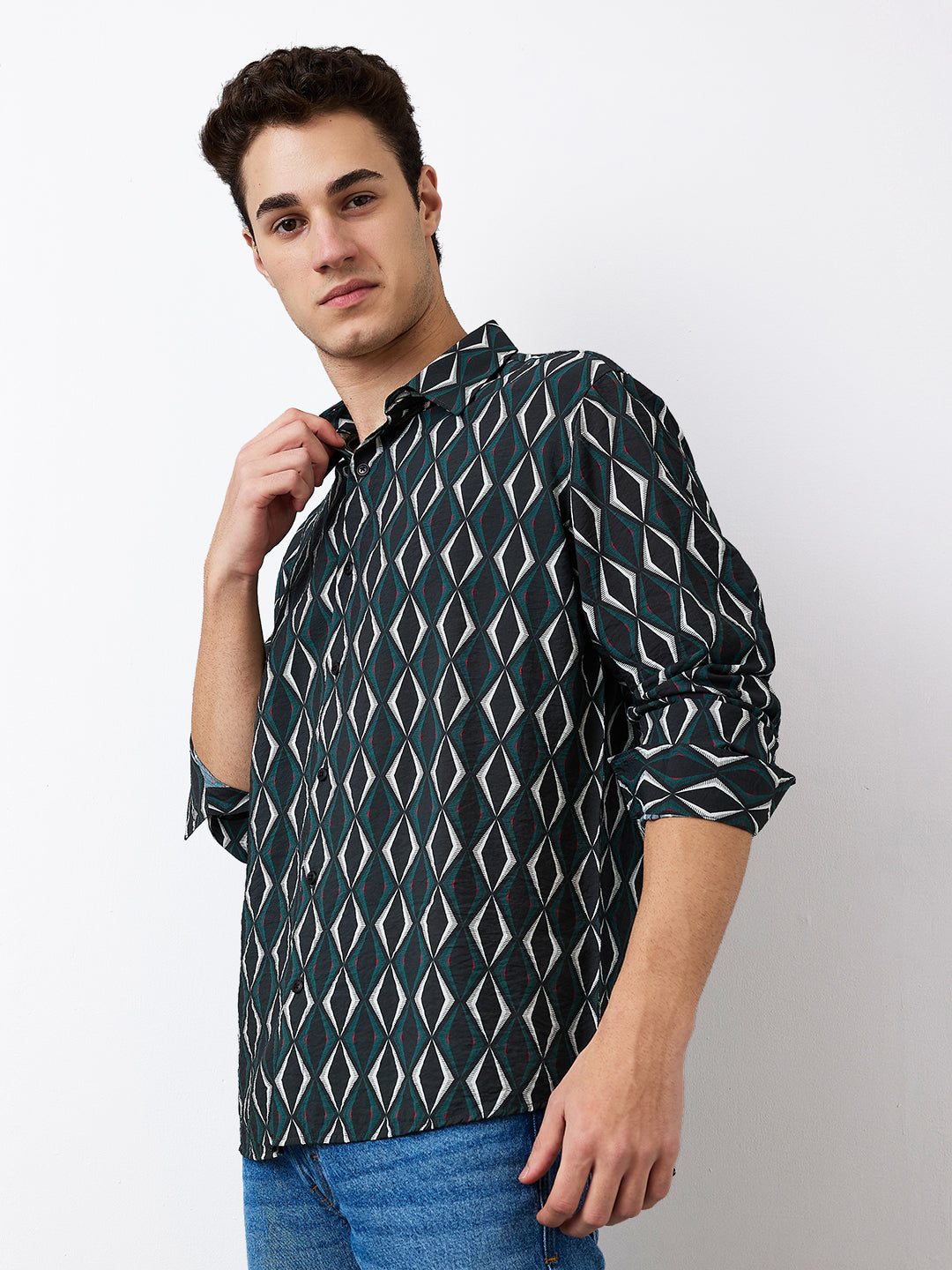 Spykar Green Slim Fit Printed Full Sleeve Shirt For Men