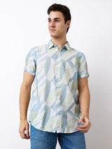 Men Shirt Print Green Slim Fit