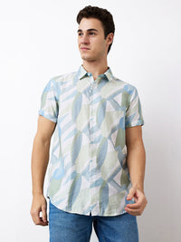 Men Shirt Print Green Slim Fit