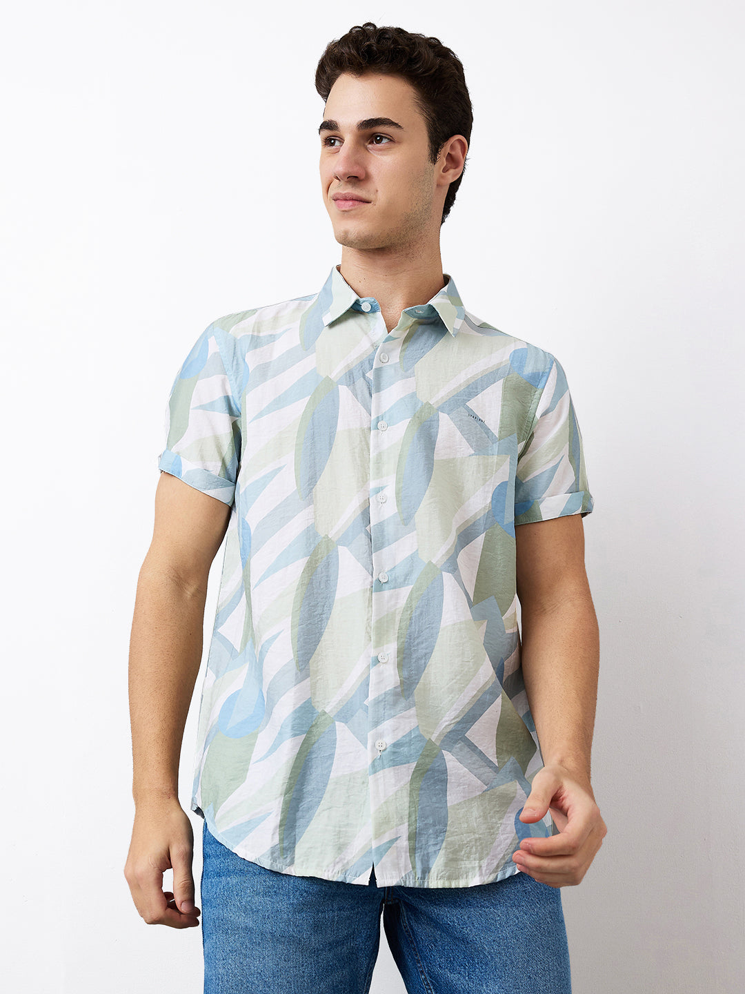 Men Shirt Print Green Slim Fit